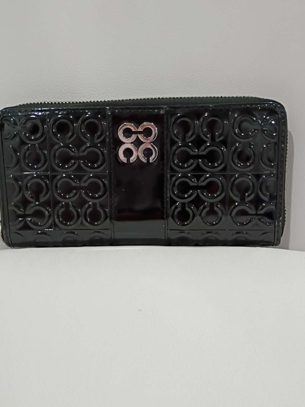 Coach Julia Black Patent Quilted Zip Wallet with Silver Logo And Embossed OP Art